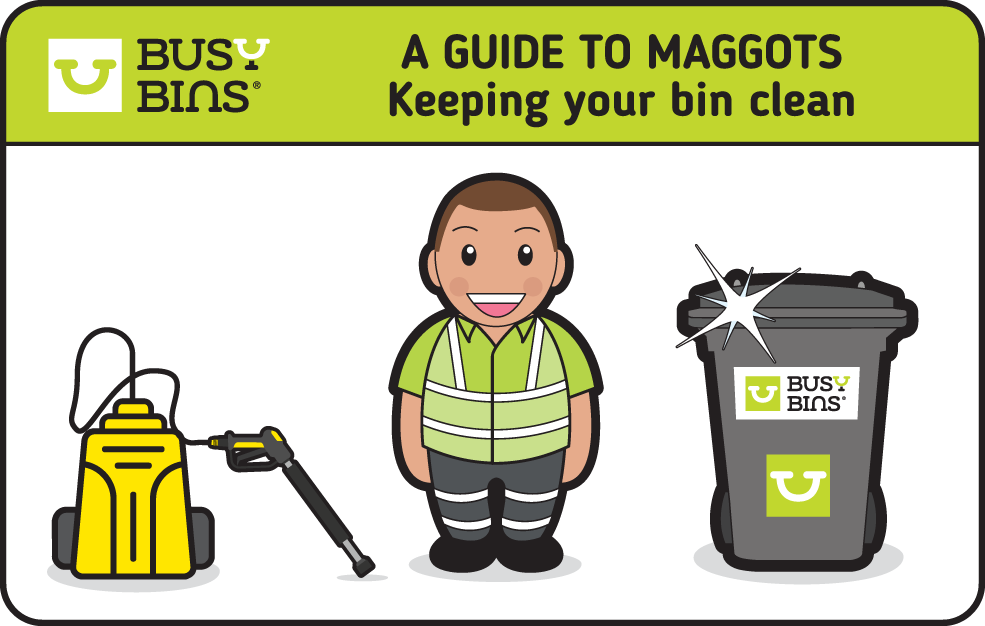 Keeping your bin clean. Image of the Busy Bins bin man stood next to a yellow jet wash and a sparkling clean bin that has just been washed.