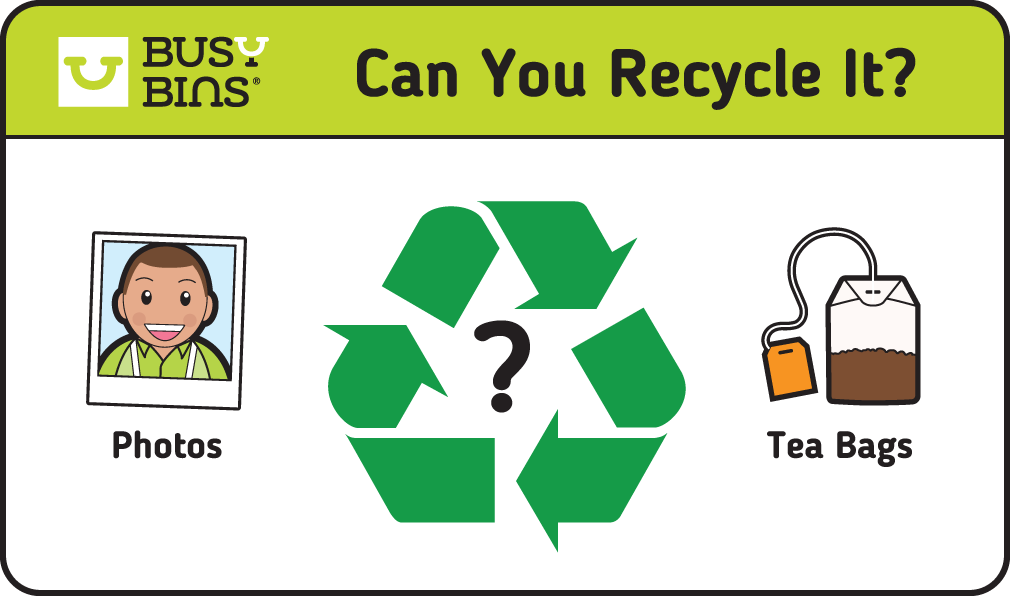 Can You Recycle It? Can It Be Recycled? Illustrated graphic with a large green recycling symbol with a question mark in the middle. Includes an image either side of a photo and a tea bag as examples of items included in the text below.