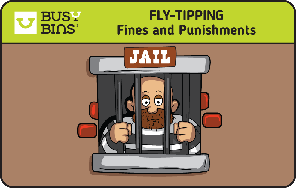 Fly-Tipping Fines and Punishments. Bald prisoner with a beard in a black and white jumper holding onto the prison bars and looking outwards with a sad expression.