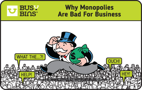 Why Inequality in Society is Bad for Business. Image Title: Why Monopolies are Bad for Business. Image of a giant monopoly man character from the boardgame, holding his hat, with a bag of money in his hand running over all the small people who are screaming out with captions such as