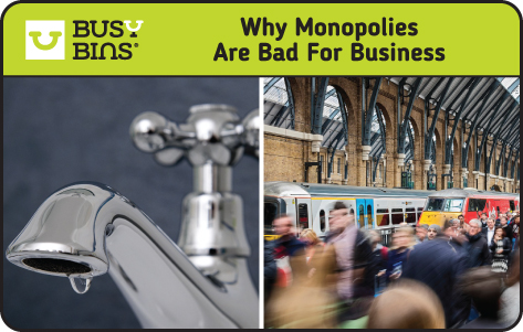 Why Monopolies are Bad for Business. Image of a dripping tap on one side to represent Water Company Monopolies and an image of a crowded train platform on the other to represent train company monopolies.